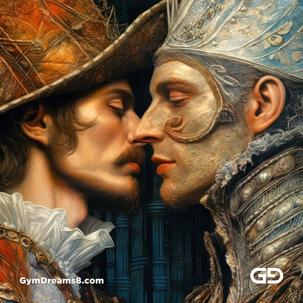 Love’s Gentle Embrace. Classical paintings of gay kisses, rendered with Midjourney v5.1