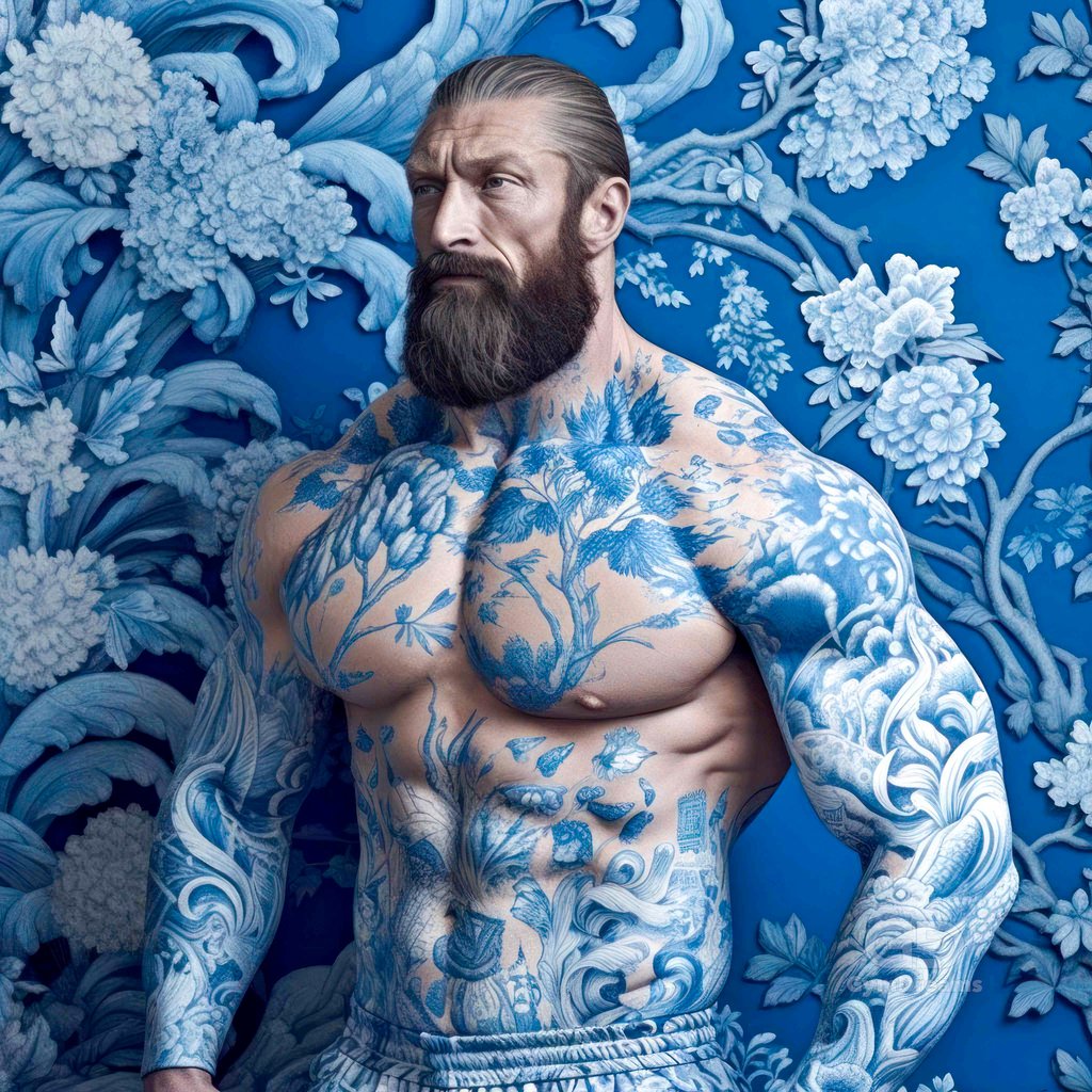 Muscle Bears, with Chinese floral ornaments in blue.