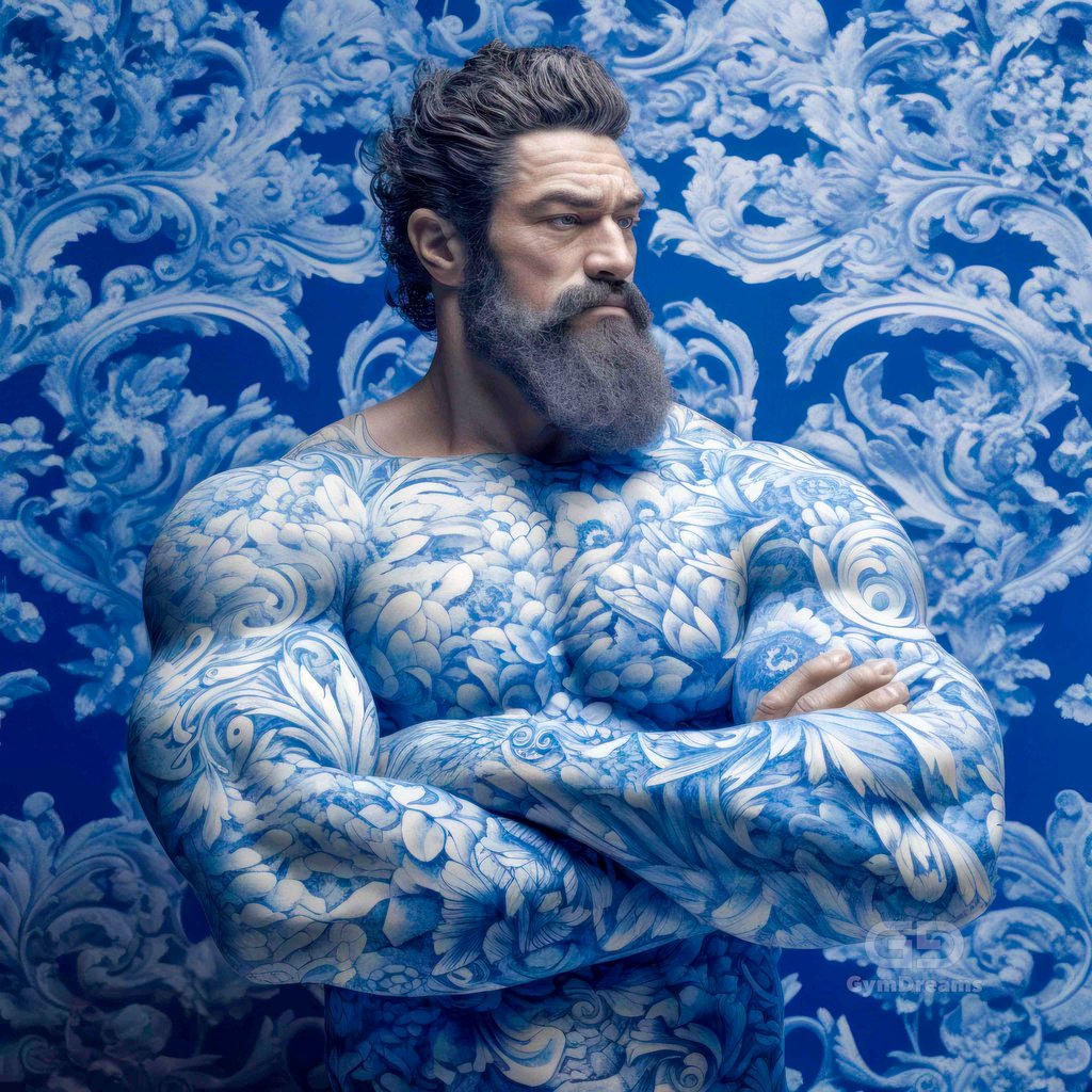 Muscle Bears, with Chinese floral ornaments in blue.