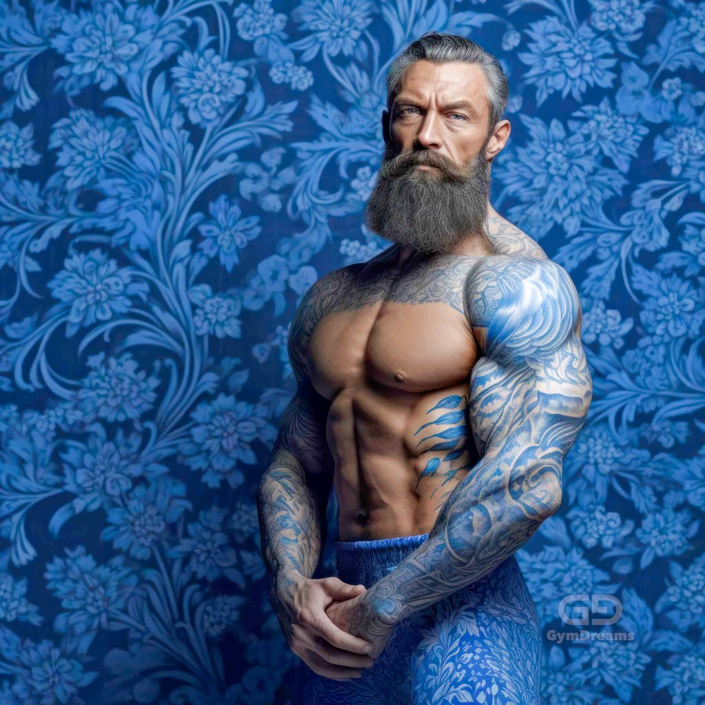 Muscle Bears, with Chinese floral ornaments in blue.