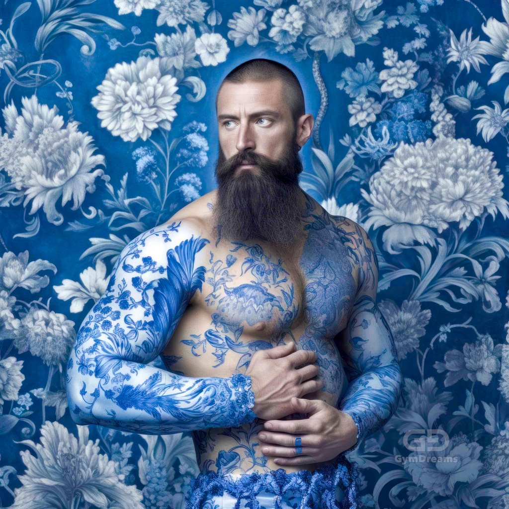 Muscle Bears, with Chinese floral ornaments in blue.