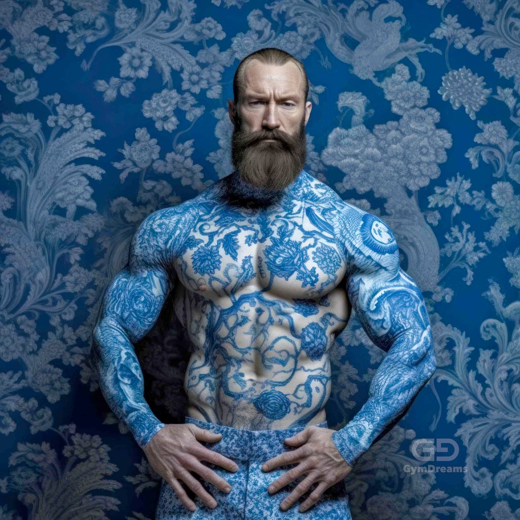 Muscle Bears, with Chinese floral ornaments in blue.