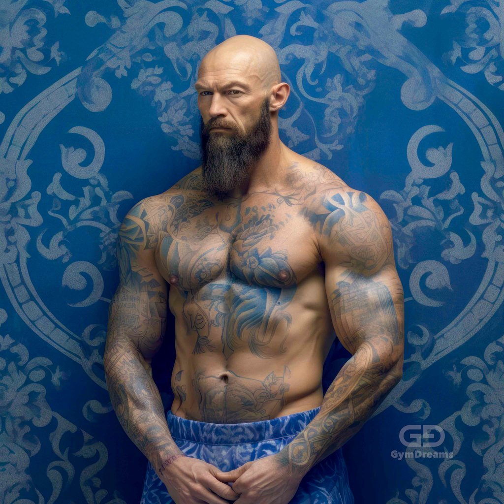 Muscle Bears, with Chinese floral ornaments in blue.