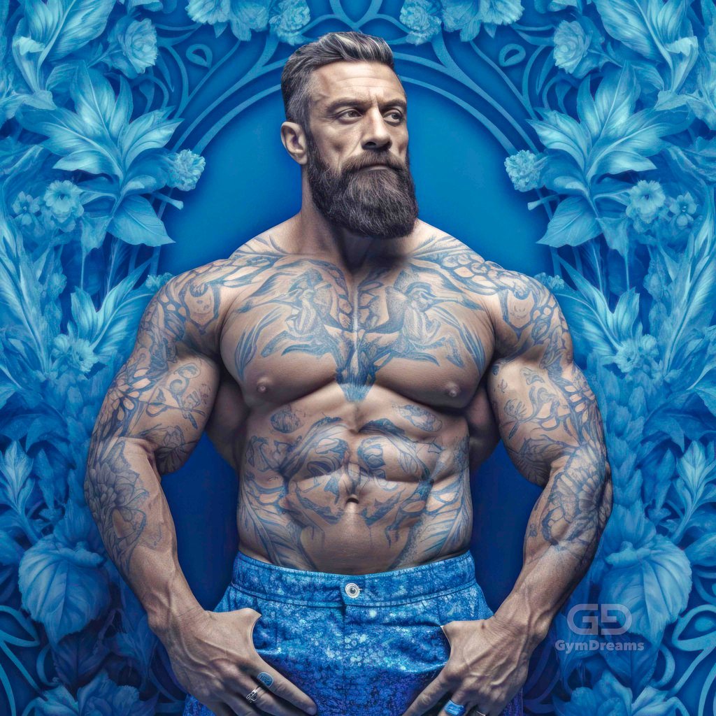 Muscle Bears, with Chinese floral ornaments in blue.