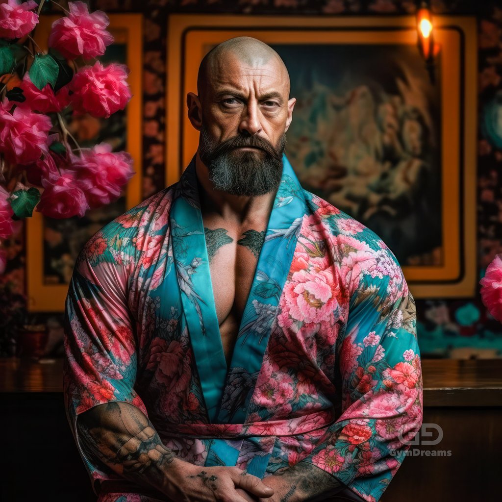 Muscle Bears, in kimono-inspired silk robes decorated with Japanese floral motifs