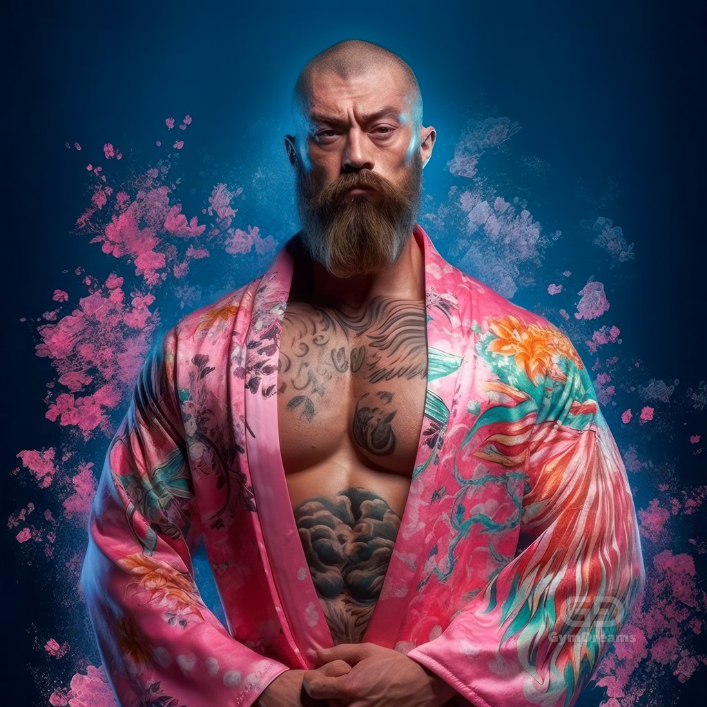 Muscle Bears, in kimono-inspired silk robes decorated with Japanese floral motifs