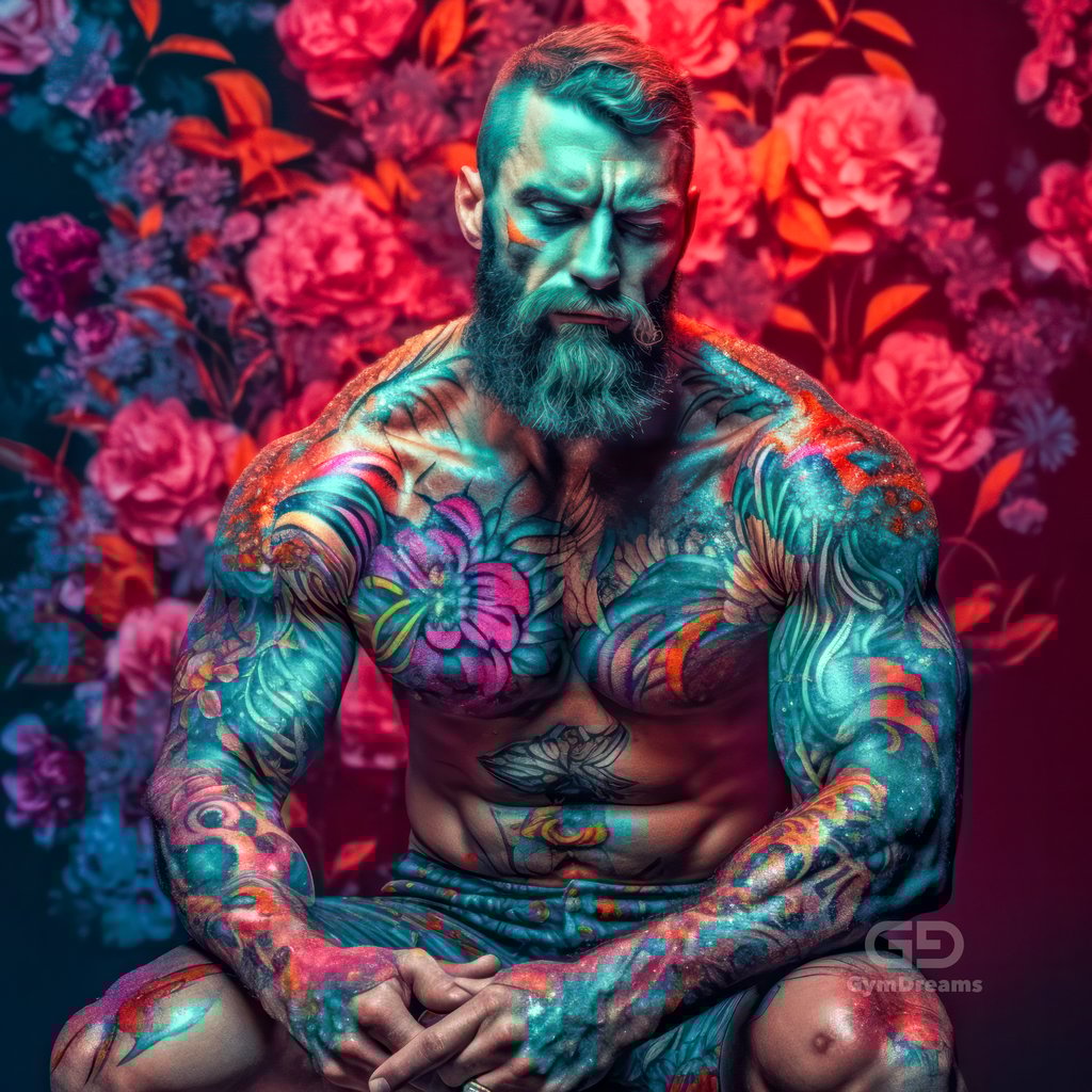 Muscle Bears, in kimono-inspired silk robes decorated with Japanese floral motifs