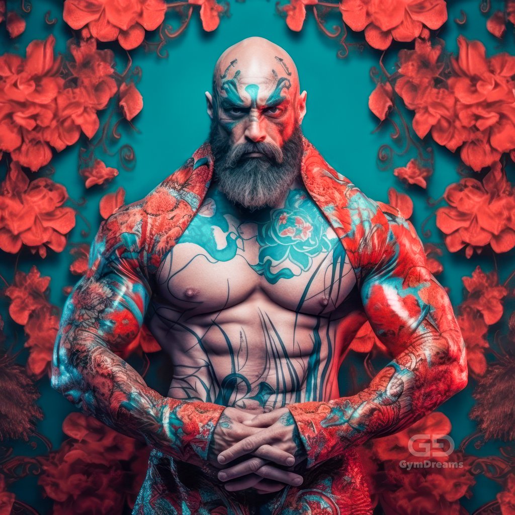 Muscle Bears, in kimono-inspired silk robes decorated with Japanese floral motifs