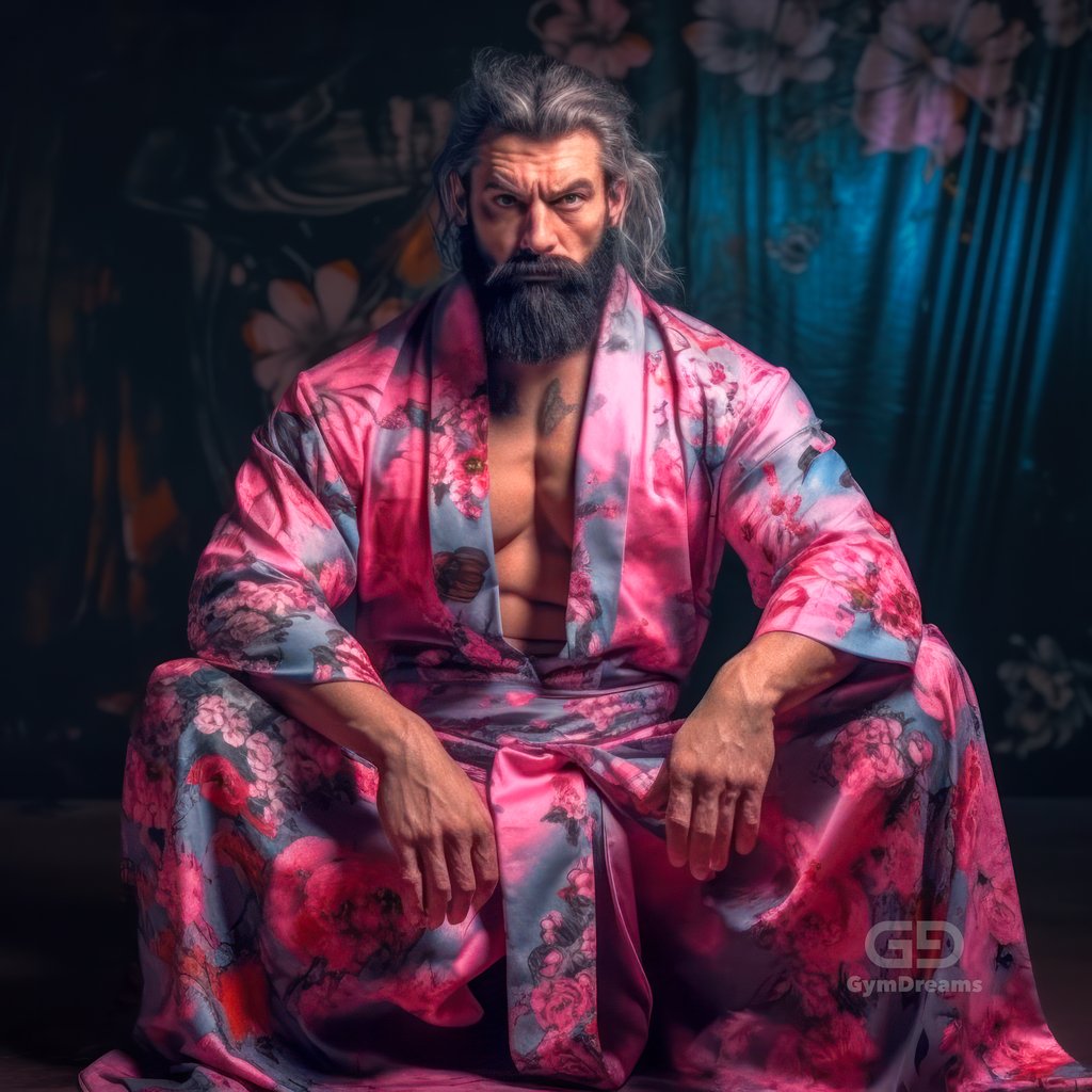 Muscle Bears, in kimono-inspired silk robes decorated with Japanese floral motifs
