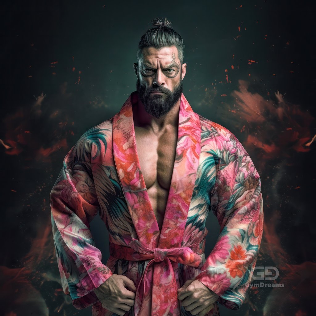 Muscle Bears, in kimono-inspired silk robes decorated with Japanese floral motifs