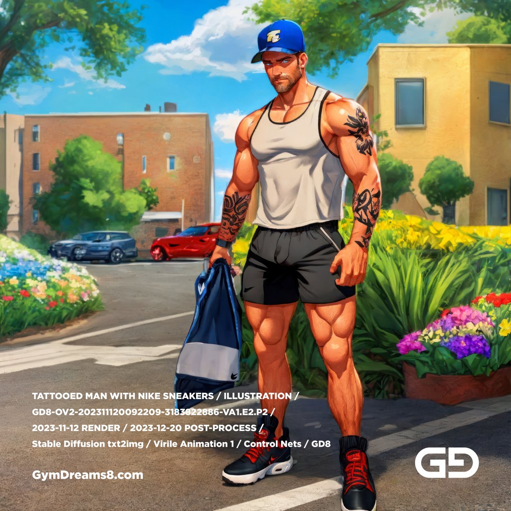 Tattooed Gymbro going to a date, after Ben Wedgie’s photo in Nike and flowers. Stable Diffusion txt2img with Virile Animation and Control Nets.