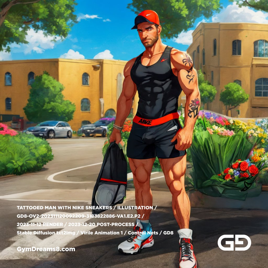 Tattooed Gymbro going to a date, after Ben Wedgie’s photo in Nike and flowers. Stable Diffusion txt2img with Virile Animation and Control Nets.