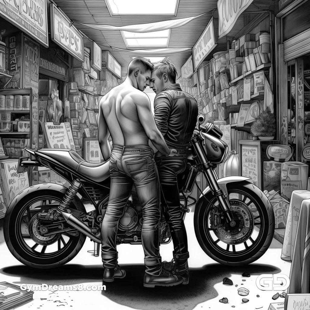 Kiss, Leather, and Motorcycle. Bikers in Black and White. Comic book illustrations. Midjourney v5.