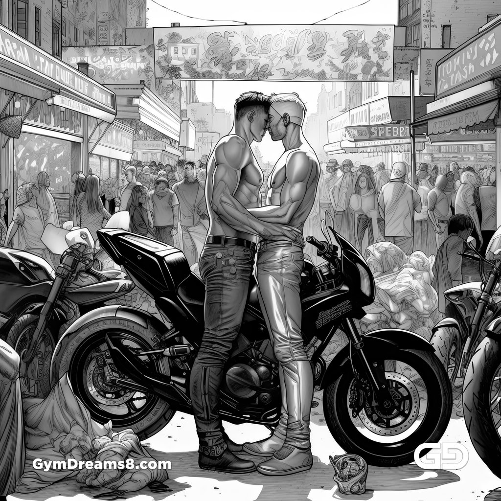Kiss, Leather, and Motorcycle. Bikers in Black and White. Comic book illustrations. Midjourney v5.