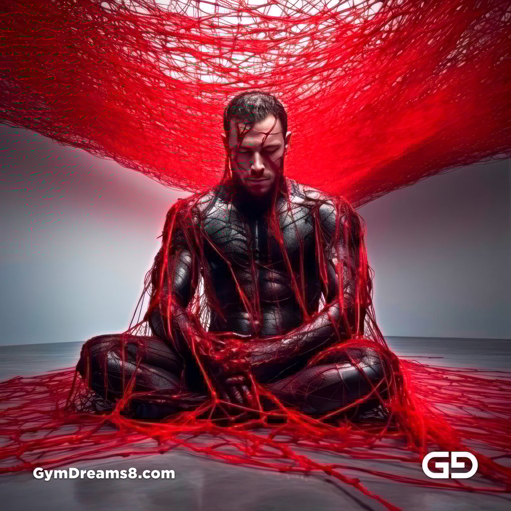Bound / Connected. Art installation with male figure and red wires, after Chiharu Shiota.