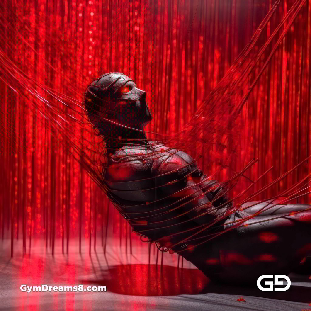 Bound / Connected. Art installation with male figure and red wires, after Chiharu Shiota.