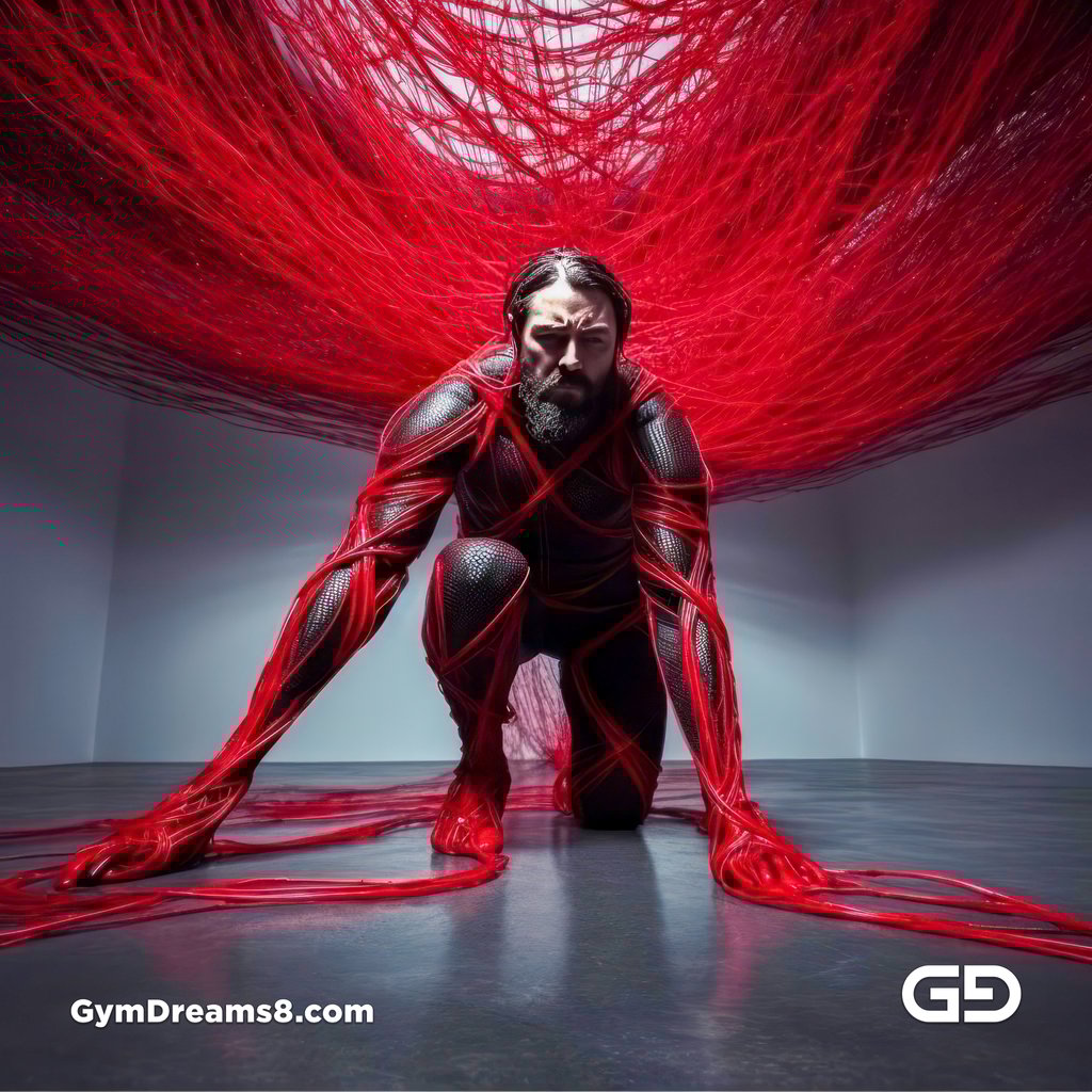 Bound / Connected. Art installation with male figure and red wires, after Chiharu Shiota.