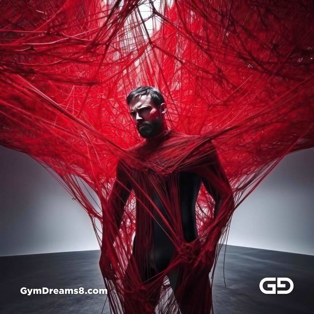 Bound / Connected. Art installation with male figure and red wires, after Chiharu Shiota.