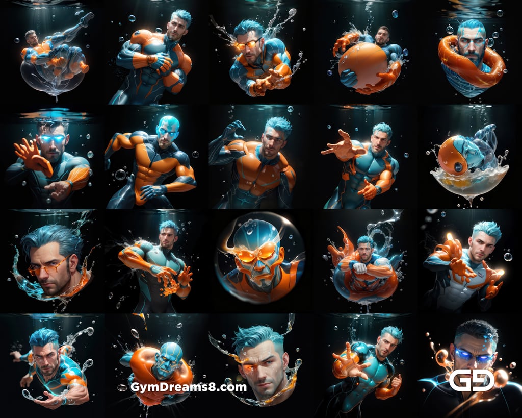 Bubble 5. Underwater Superhero. Teal, Orange, Black, and White. Made with Midjourney, Stable Diffusion, and Airfuck’s Wild Mix.