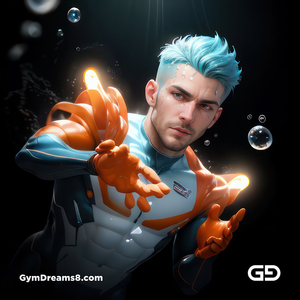 Bubble 5. Underwater Superhero. Teal, Orange, Black, and White. Made with Midjourney, Stable Diffusion, and Airfuck’s Wild Mix.