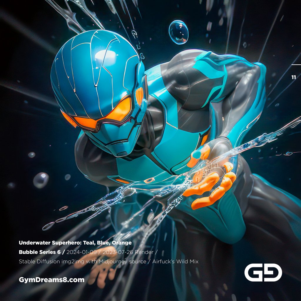 Underwater Superhero. Teal, Blue, Orange Accent. Midjourney, Stable Diffusion, and Airfuck’s Wild Mix.