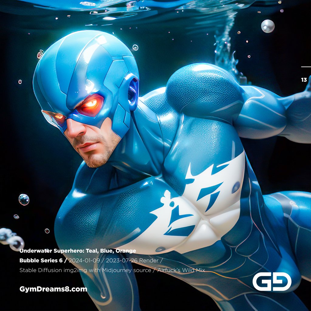 Underwater Superhero. Teal, Blue, Orange Accent. Midjourney, Stable Diffusion, and Airfuck’s Wild Mix.