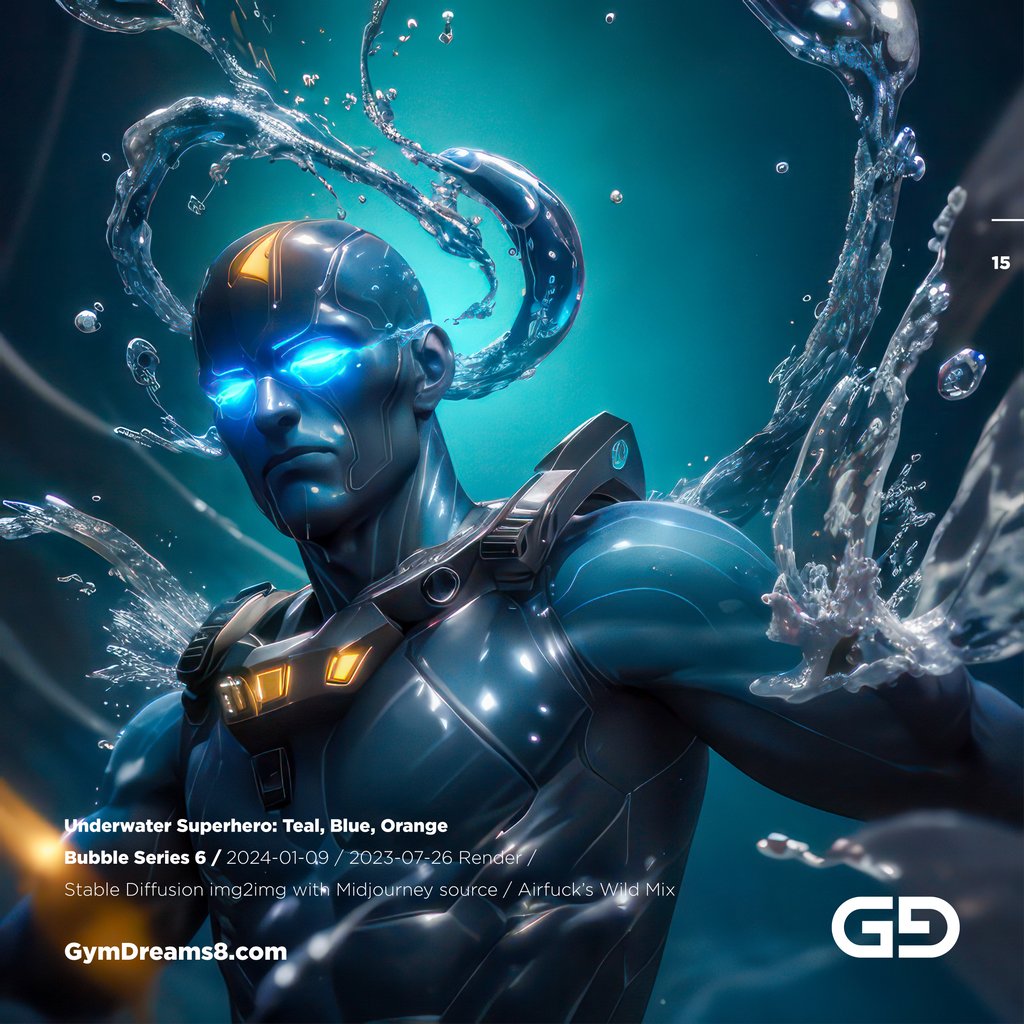 Underwater Superhero. Teal, Blue, Orange Accent. Midjourney, Stable Diffusion, and Airfuck’s Wild Mix.