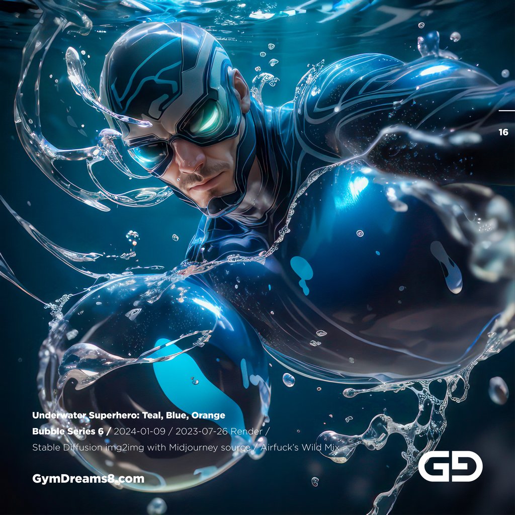 Underwater Superhero. Teal, Blue, Orange Accent. Midjourney, Stable Diffusion, and Airfuck’s Wild Mix.