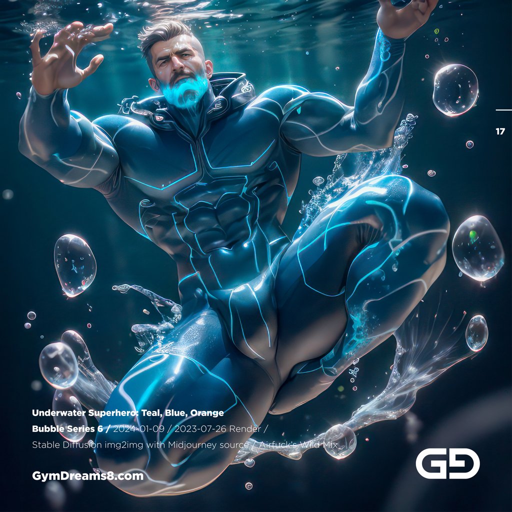 Underwater Superhero. Teal, Blue, Orange Accent. Midjourney, Stable Diffusion, and Airfuck’s Wild Mix.