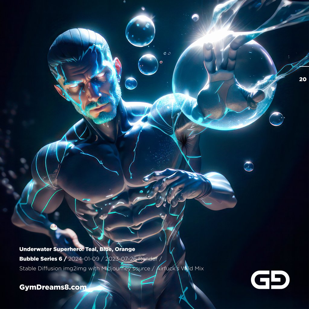 Underwater Superhero. Teal, Blue, Orange Accent. Midjourney, Stable Diffusion, and Airfuck’s Wild Mix.