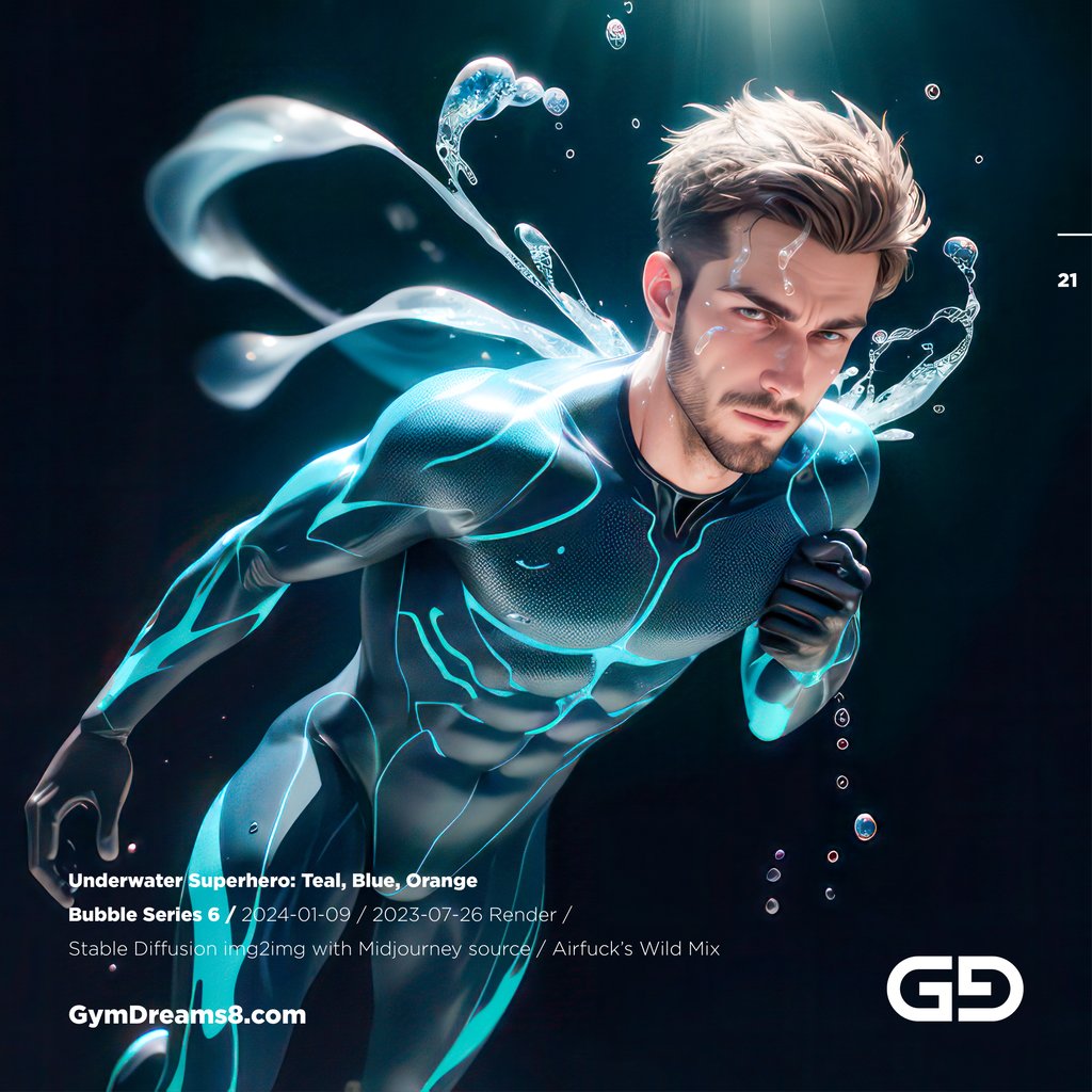 Underwater Superhero. Teal, Blue, Orange Accent. Midjourney, Stable Diffusion, and Airfuck’s Wild Mix.