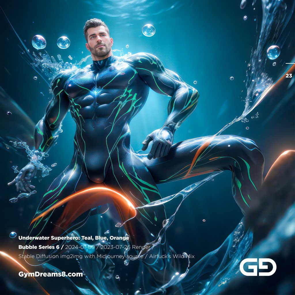Underwater Superhero. Teal, Blue, Orange Accent. Midjourney, Stable Diffusion, and Airfuck’s Wild Mix.