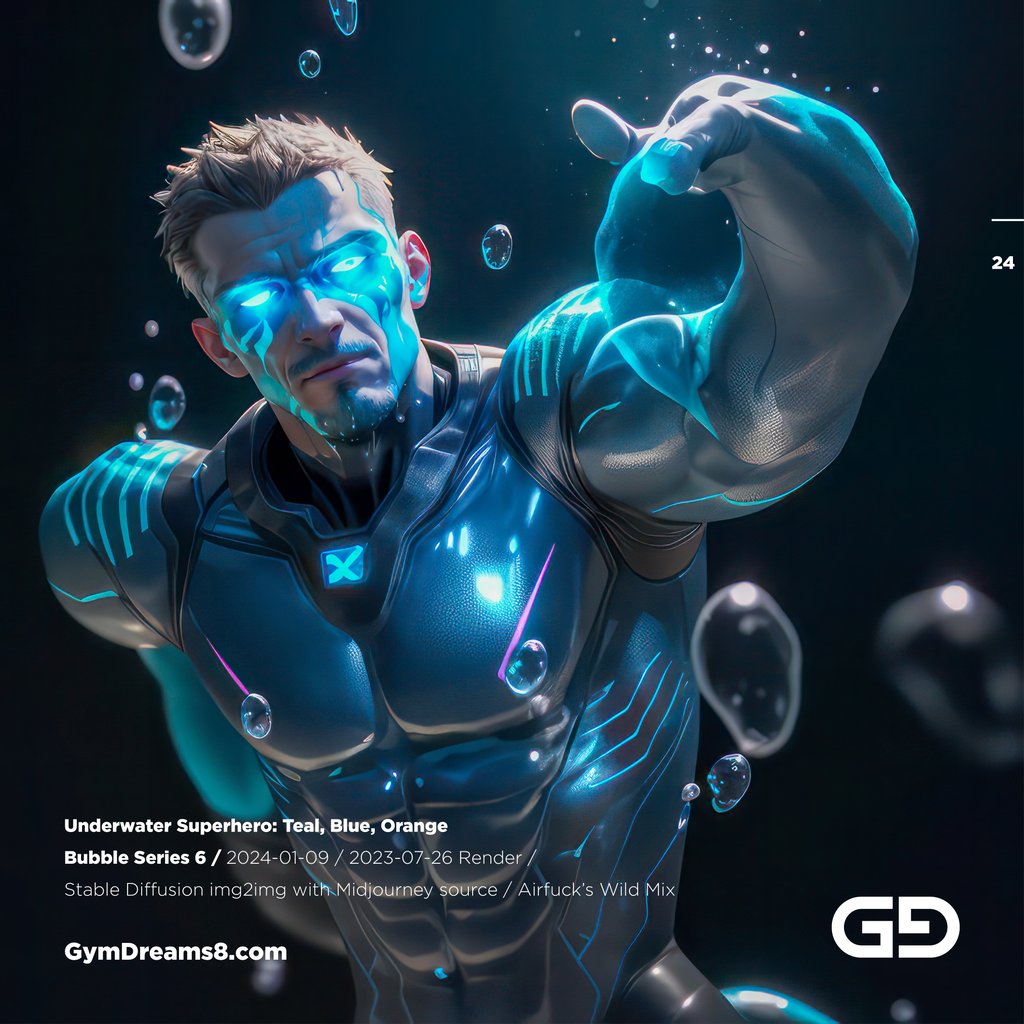 Underwater Superhero. Teal, Blue, Orange Accent. Midjourney, Stable Diffusion, and Airfuck’s Wild Mix.