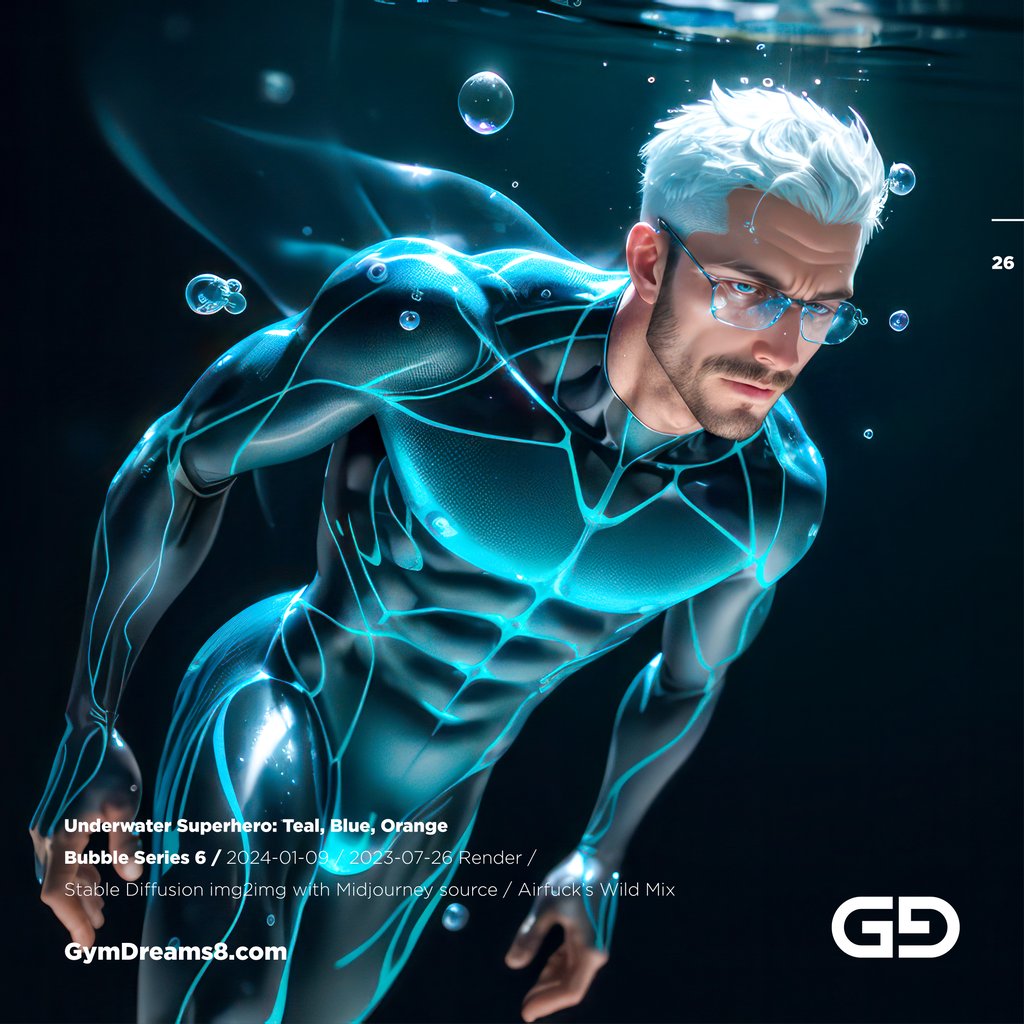 Underwater Superhero. Teal, Blue, Orange Accent. Midjourney, Stable Diffusion, and Airfuck’s Wild Mix.