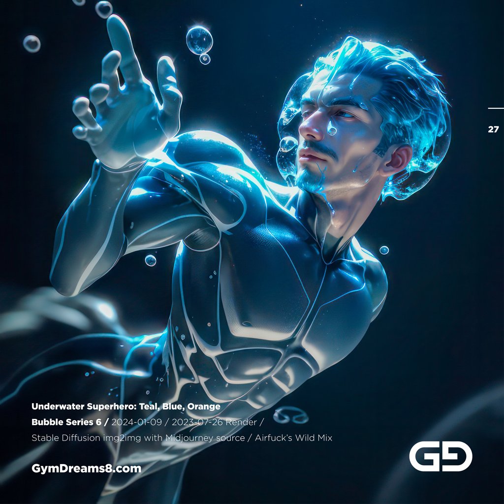 Underwater Superhero. Teal, Blue, Orange Accent. Midjourney, Stable Diffusion, and Airfuck’s Wild Mix.