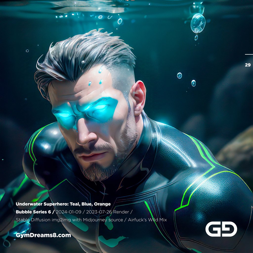 Underwater Superhero. Teal, Blue, Orange Accent. Midjourney, Stable Diffusion, and Airfuck’s Wild Mix.