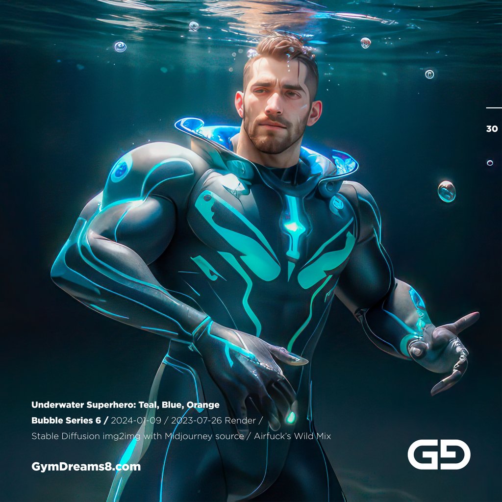 Underwater Superhero. Teal, Blue, Orange Accent. Midjourney, Stable Diffusion, and Airfuck’s Wild Mix.