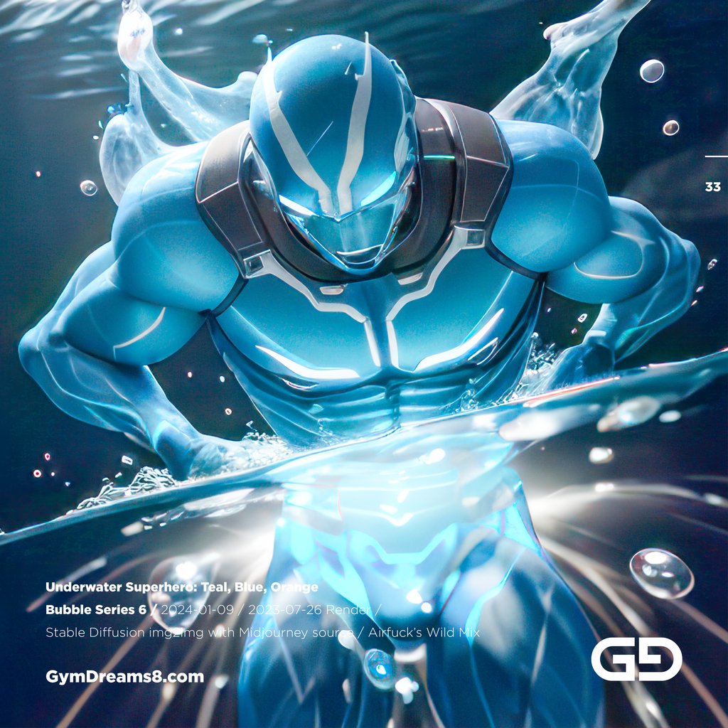 Underwater Superhero. Teal, Blue, Orange Accent. Midjourney, Stable Diffusion, and Airfuck’s Wild Mix.