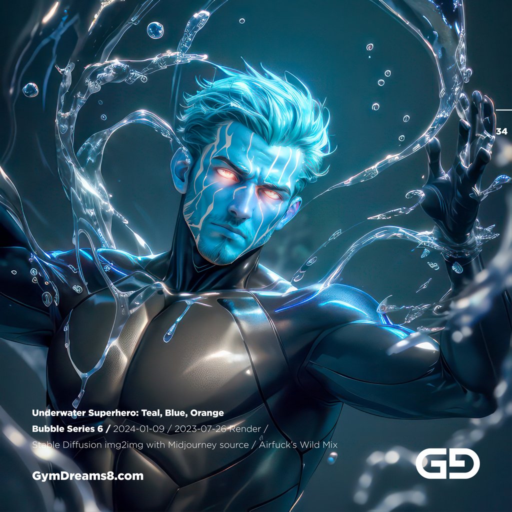 Underwater Superhero. Teal, Blue, Orange Accent. Midjourney, Stable Diffusion, and Airfuck’s Wild Mix.