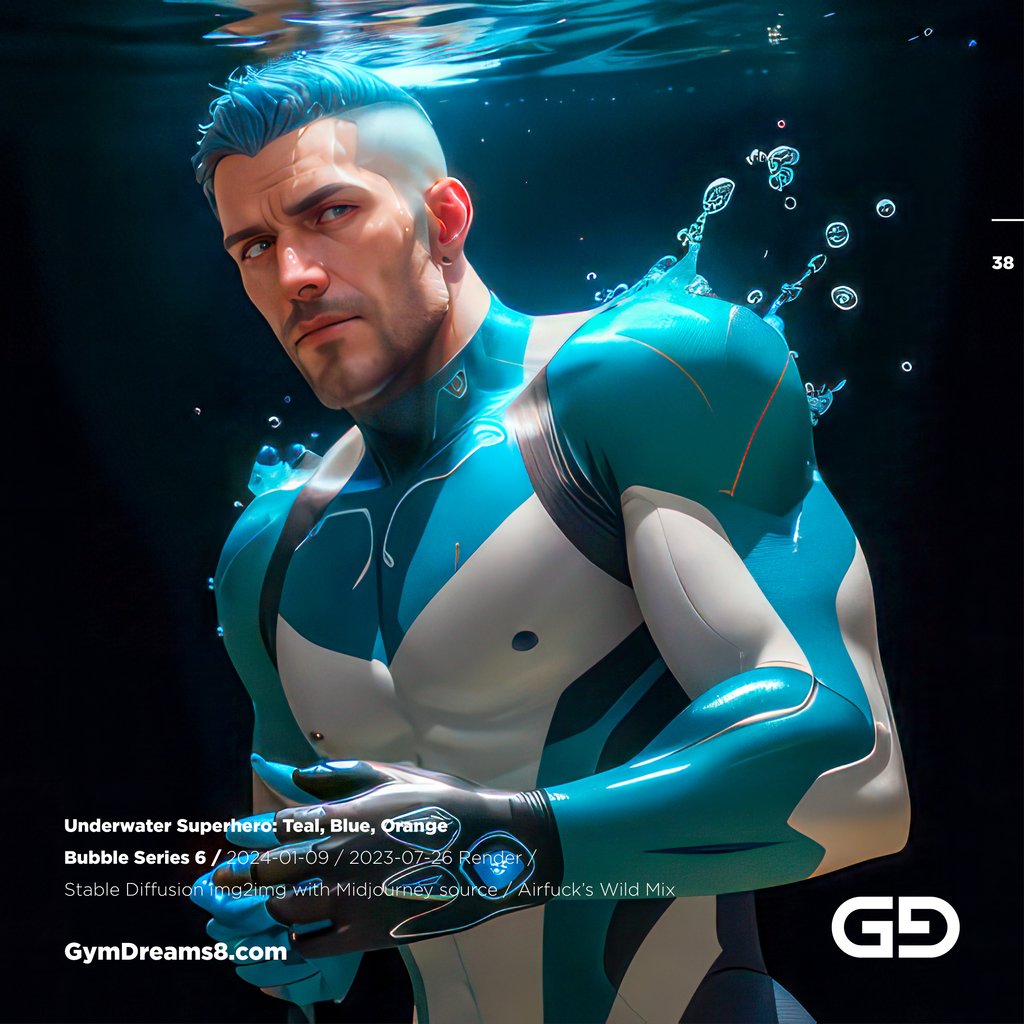 Underwater Superhero. Teal, Blue, Orange Accent. Midjourney, Stable Diffusion, and Airfuck’s Wild Mix.