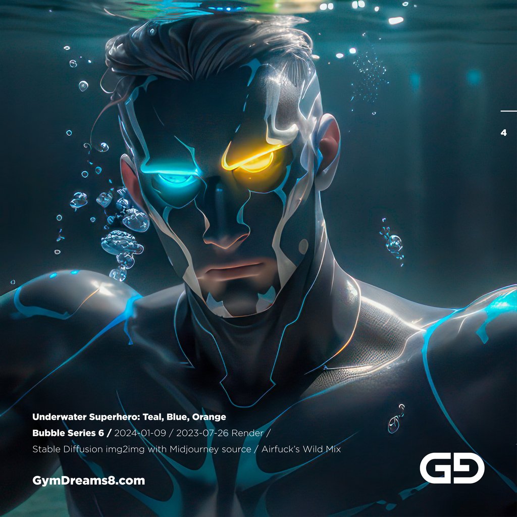 Underwater Superhero. Teal, Blue, Orange Accent. Midjourney, Stable Diffusion, and Airfuck’s Wild Mix.
