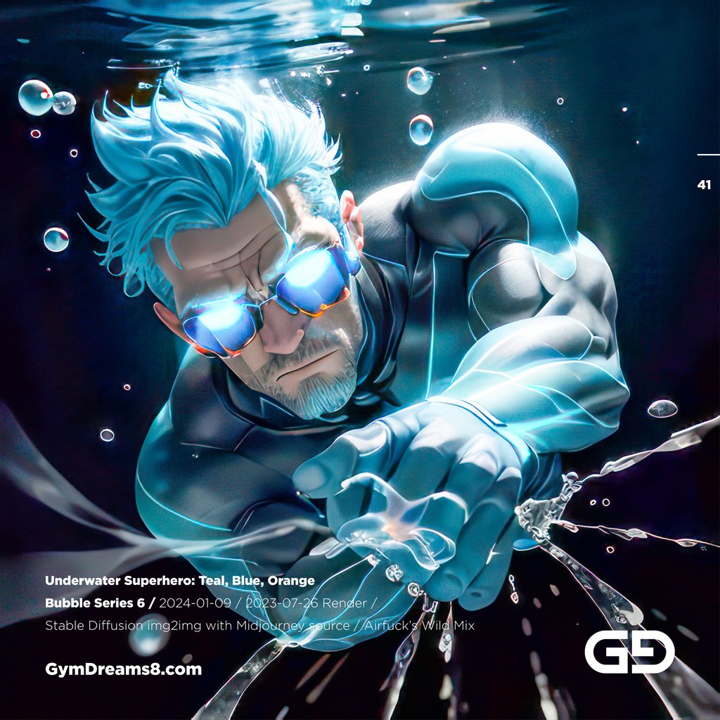 Underwater Superhero. Teal, Blue, Orange Accent. Midjourney, Stable Diffusion, and Airfuck’s Wild Mix.