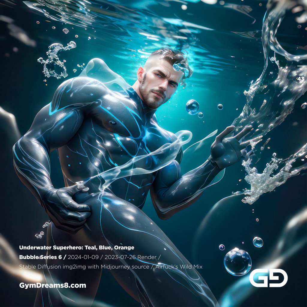 Underwater Superhero. Teal, Blue, Orange Accent. Midjourney, Stable Diffusion, and Airfuck’s Wild Mix.