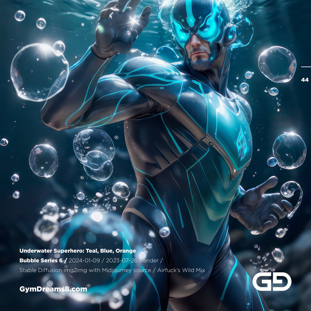 Underwater Superhero. Teal, Blue, Orange Accent. Midjourney, Stable Diffusion, and Airfuck’s Wild Mix.