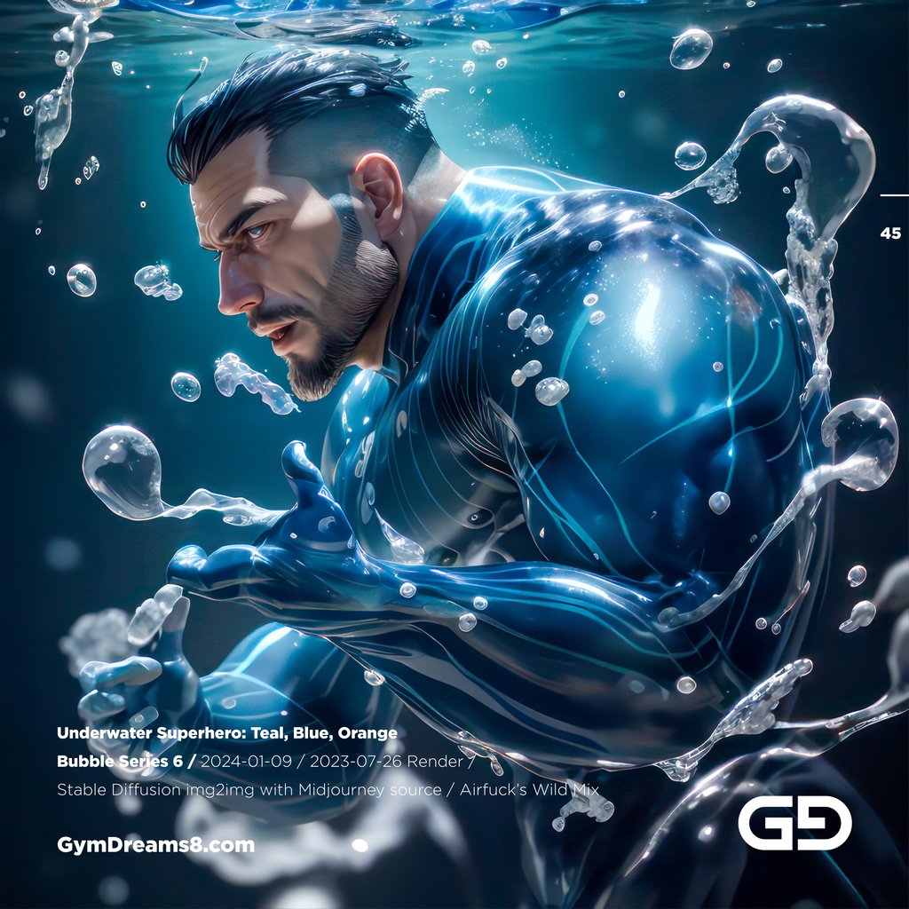 Underwater Superhero. Teal, Blue, Orange Accent. Midjourney, Stable Diffusion, and Airfuck’s Wild Mix.