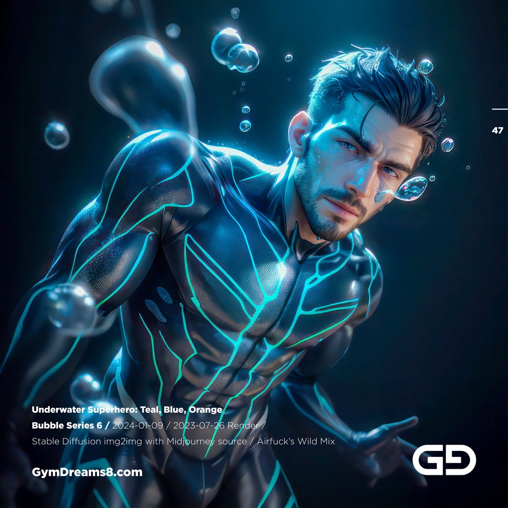 Underwater Superhero. Teal, Blue, Orange Accent. Midjourney, Stable Diffusion, and Airfuck’s Wild Mix.