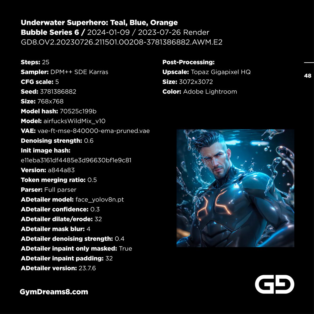 Underwater Superhero. Teal, Blue, Orange Accent. Midjourney, Stable Diffusion, and Airfuck’s Wild Mix.