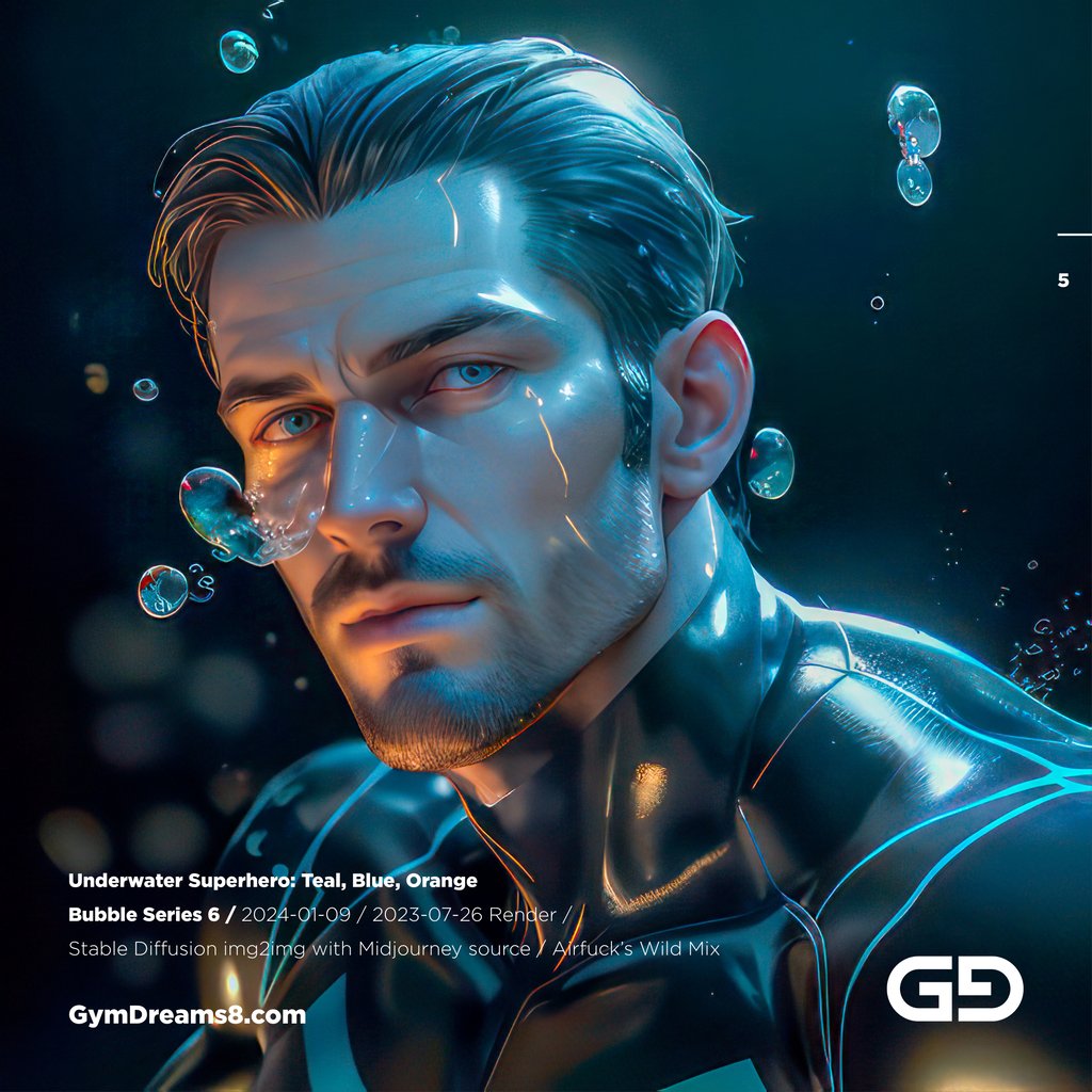 Underwater Superhero. Teal, Blue, Orange Accent. Midjourney, Stable Diffusion, and Airfuck’s Wild Mix.