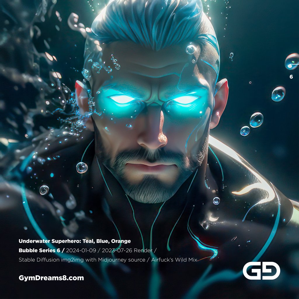 Underwater Superhero. Teal, Blue, Orange Accent. Midjourney, Stable Diffusion, and Airfuck’s Wild Mix.