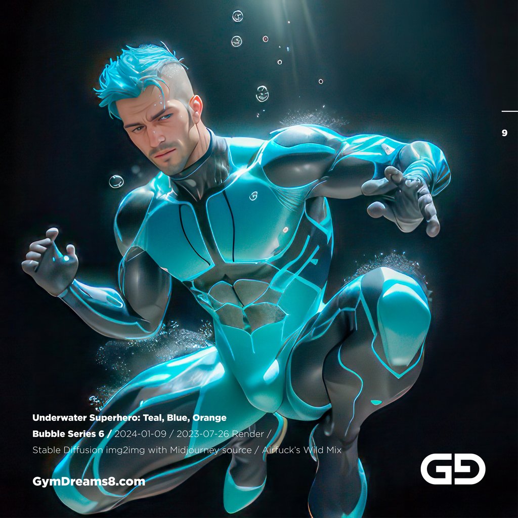 Underwater Superhero. Teal, Blue, Orange Accent. Midjourney, Stable Diffusion, and Airfuck’s Wild Mix.